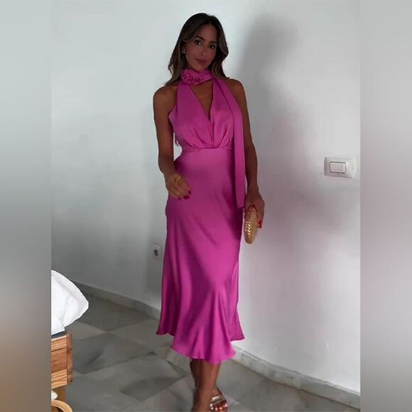 NWT ZARA FLORAL SATIN EFFECT MIDI DRESS pink - Picture 8 of 17